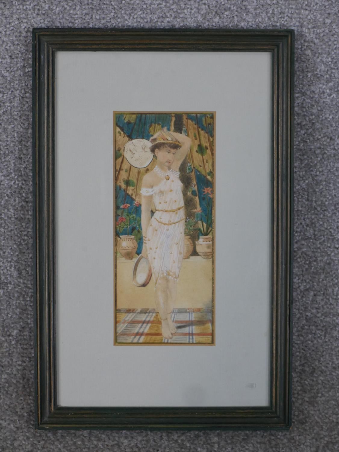 A framed and glazed watercolour of a female figure in white dress with tambourine, unsigned. H.36 - Image 2 of 4