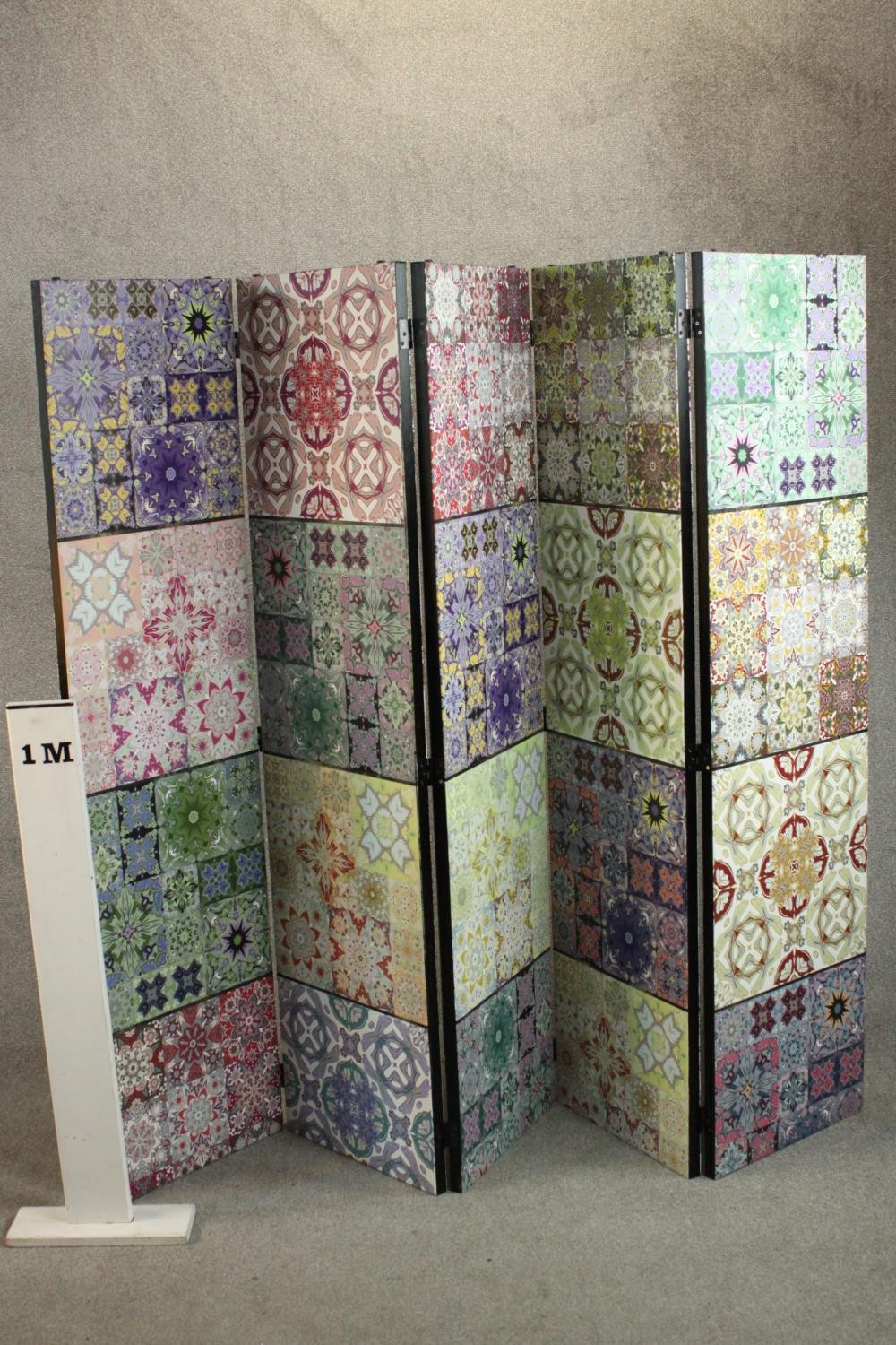 A contemporary five fold screen, each fold with four panels depicting a variety of tile designs in - Image 2 of 5