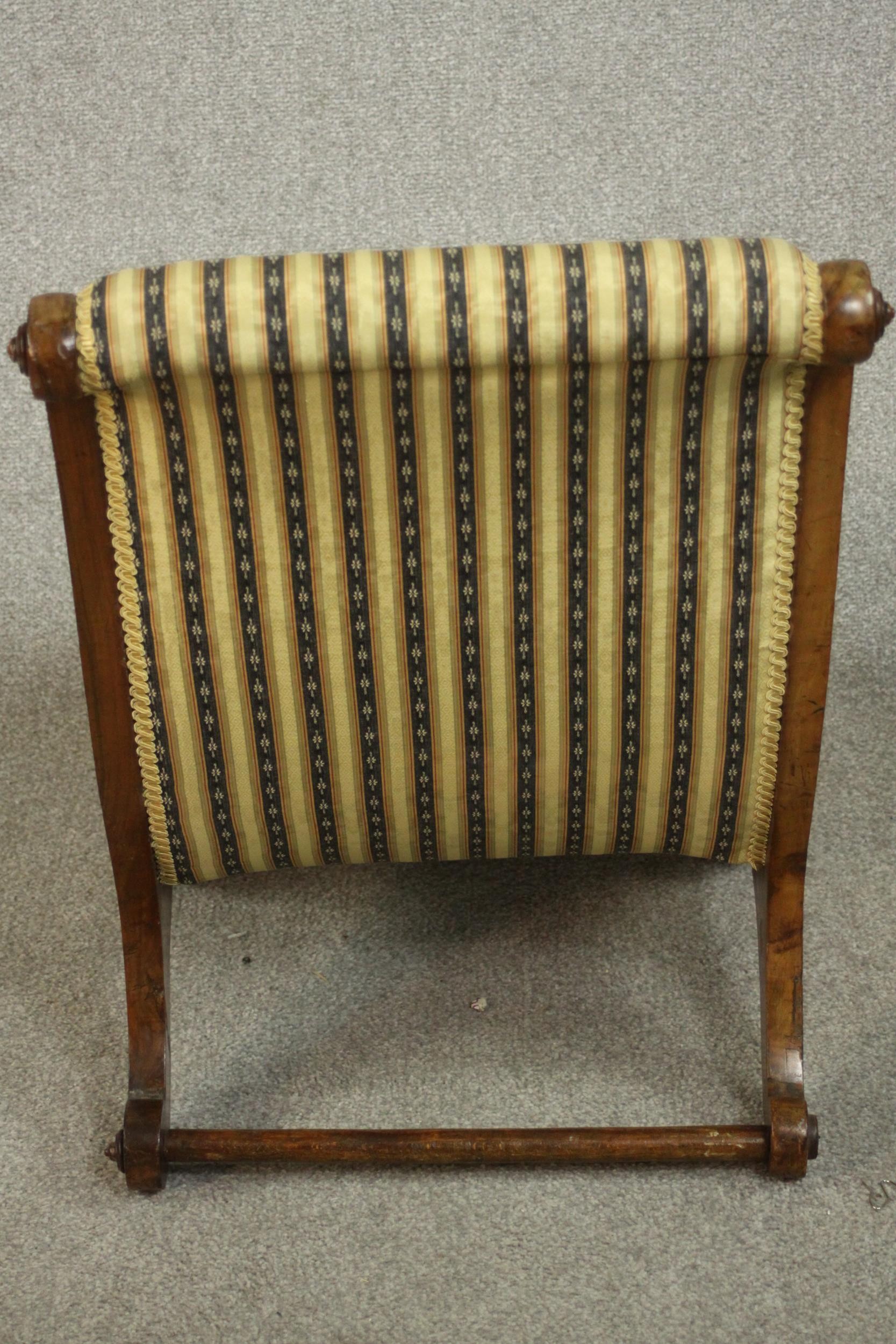 Two similar Victorian walnut slipper chairs, with striped upholstery, one with open arms, on - Image 13 of 21