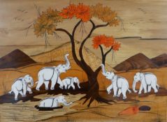 An Indian marquetry panel depicting a herd of elephants at the watering hole under a tree. H.44 W.