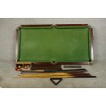 E J Riley Ltd slate bed table top snooker table, with two score boards, six cues and rest and