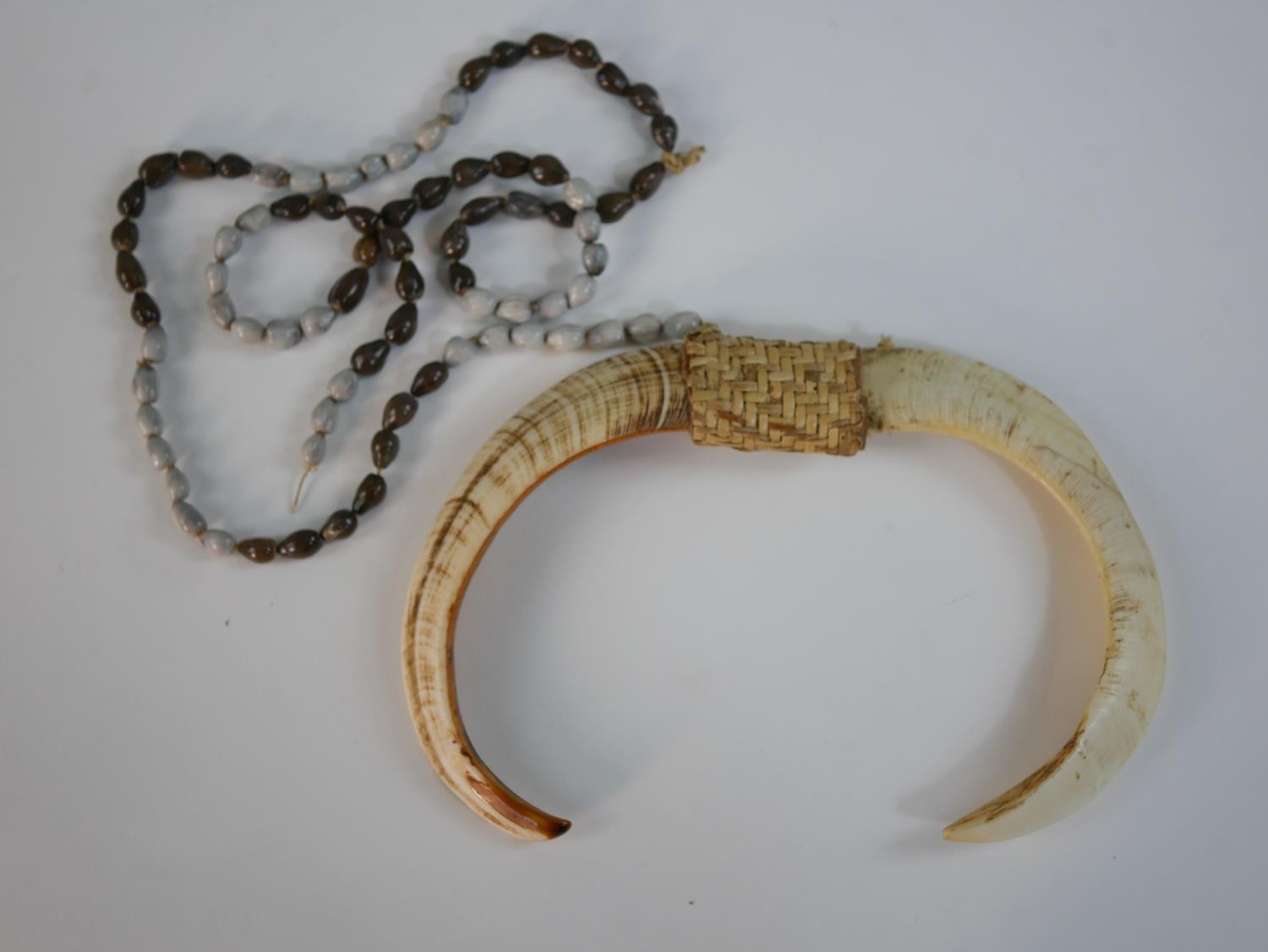 A collection of 20th century Papua New Guinea animal tusk necklaces and amulets, some bound with - Image 4 of 6