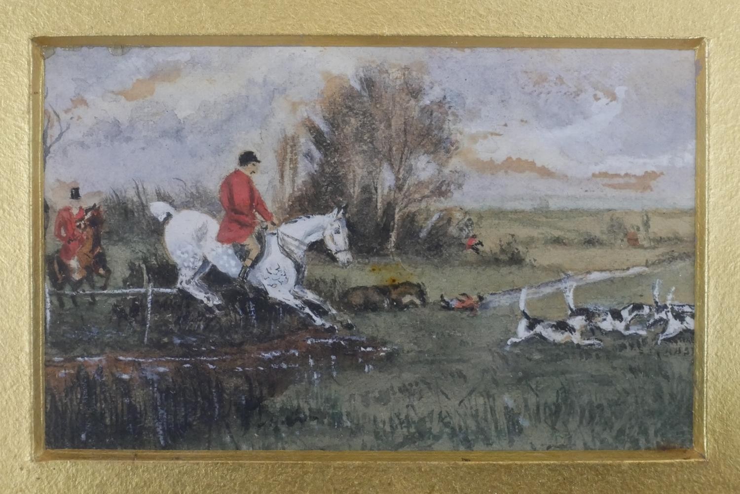 A gilt framed set of four 19th century watercolours of fox hunting scenes, unsigned. H.24 W.28cm - Image 6 of 9