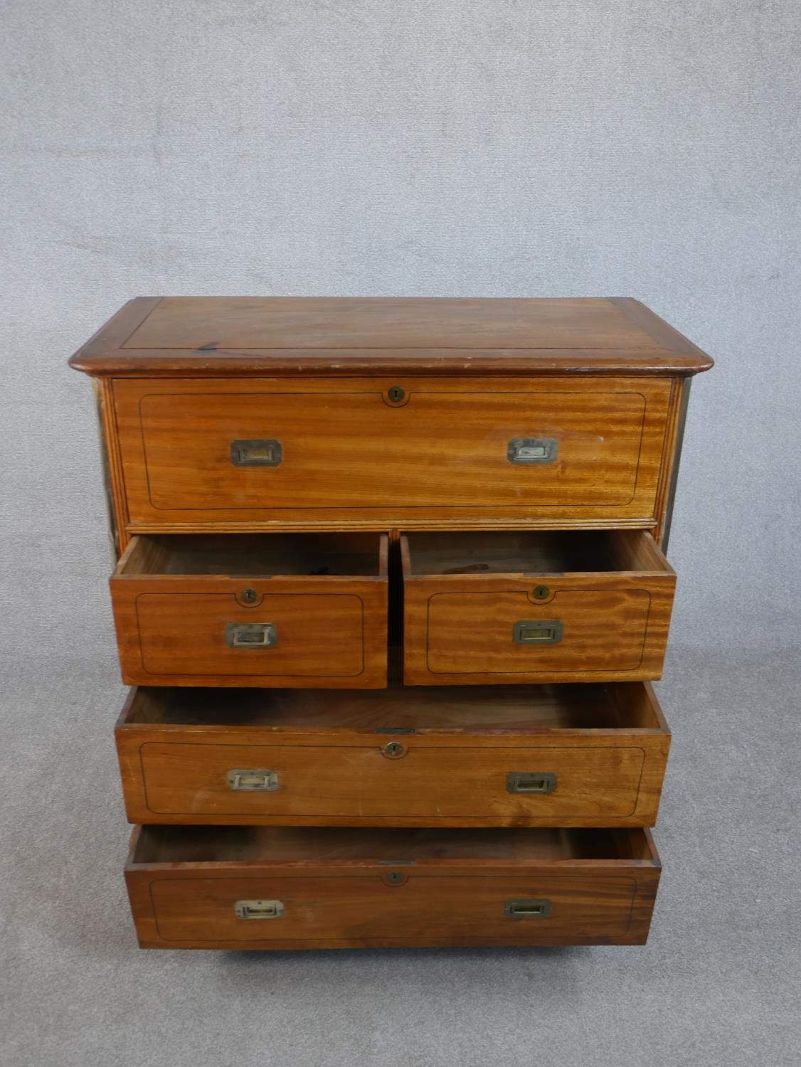 A 19th century camphorwood secretaire campaign chest, in two sections, with a secretaire drawer - Image 3 of 9