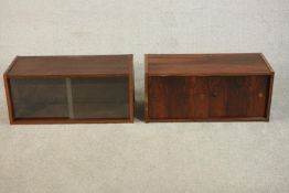 Two imitation Rosewood wall mounted cabinets with sliding glass doors. H.35 W.80 D.35cm. (each)