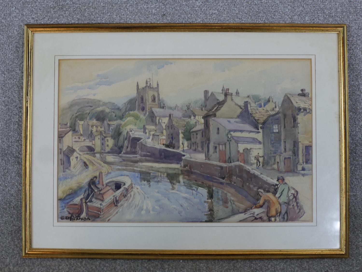 C. D. Pearson (20th century), watercolour on paper of riverside town with barges, signed. H.41 W. - Image 2 of 5
