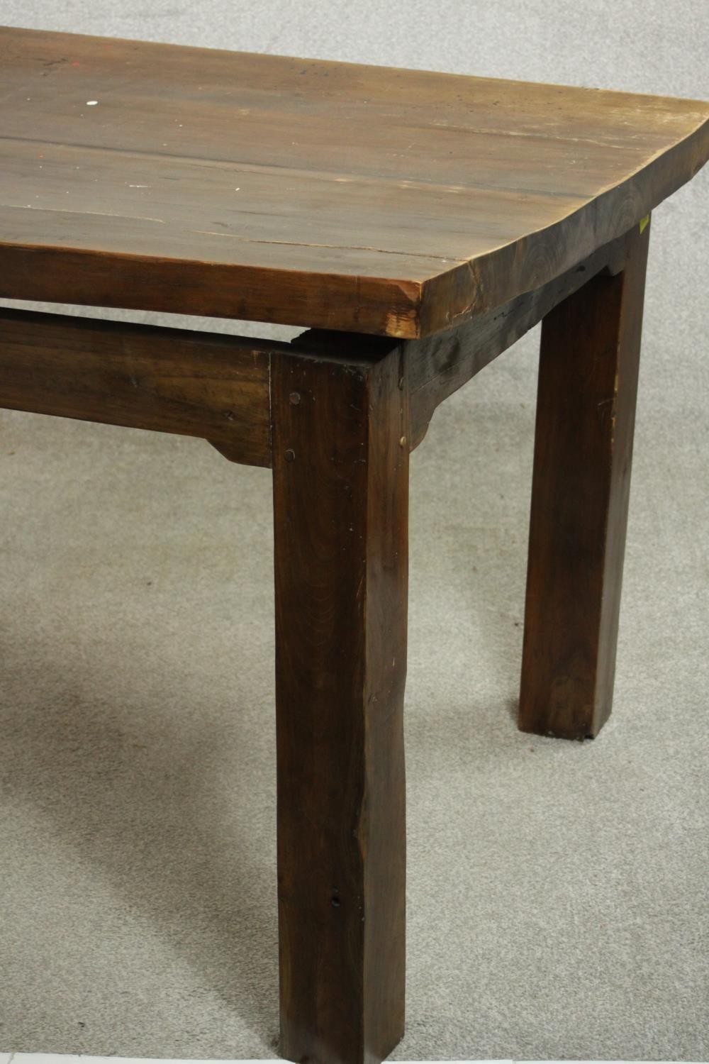 A contemporary hardwood dining table, with a rectangular plank top on square section legs. (badly - Image 4 of 9