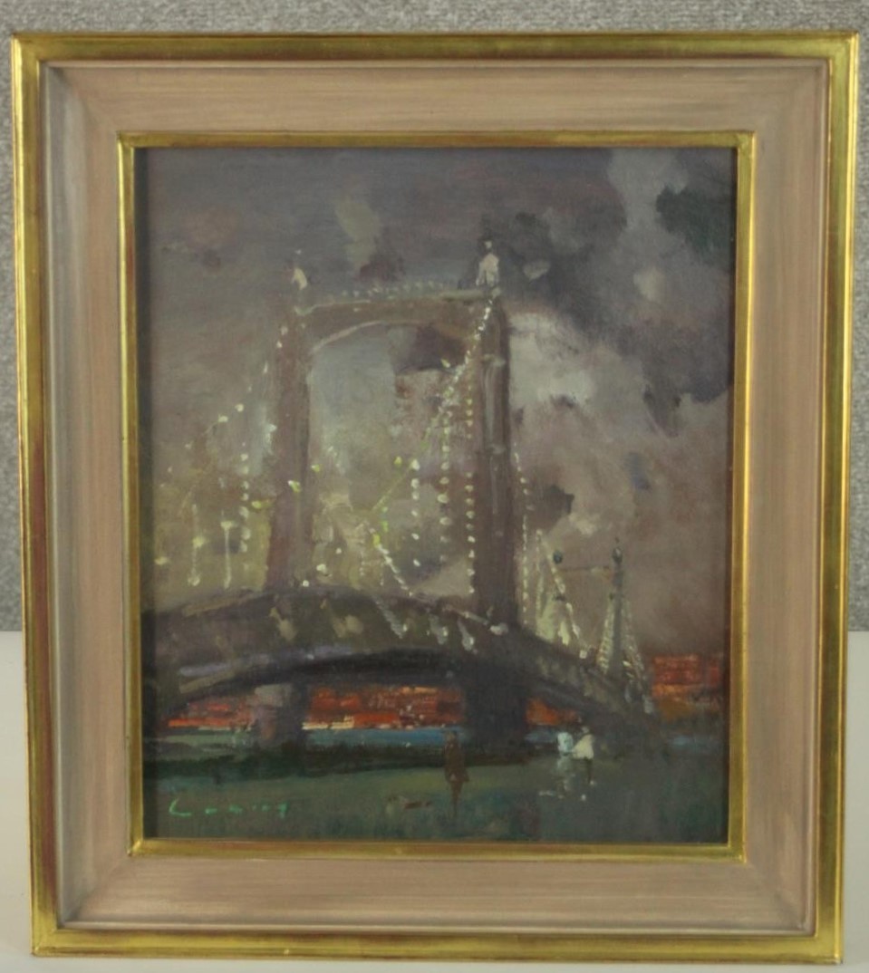 Fred Cuming RA (1930-2022), Albert Bridge December, oil on board, signed lower left, New Grafton - Image 2 of 5