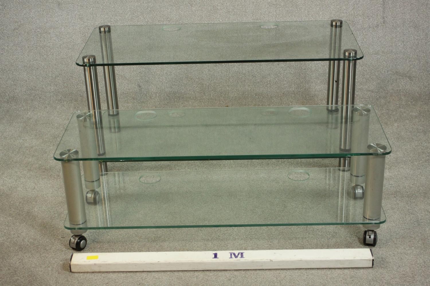 Two contemporary home entertainment stands, plate glass with rounded corners on cylindrical metal - Image 2 of 15