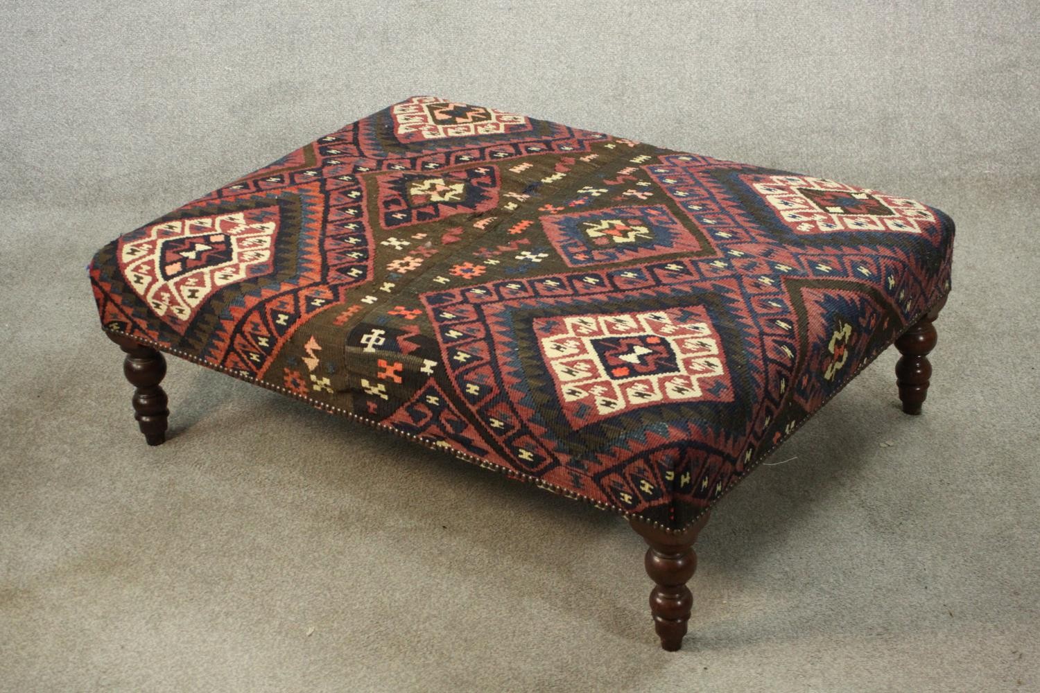 A contemporary footstool, of rectangular form upholstered in kilim fabric, on turned legs. H.33 W. - Image 3 of 6