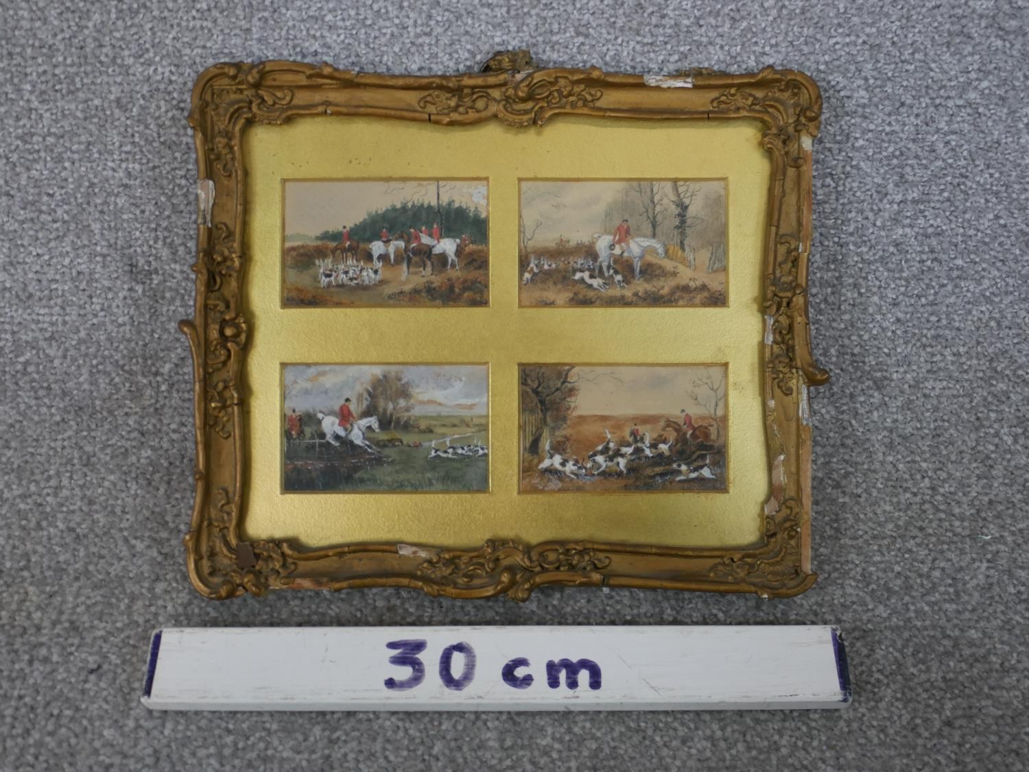 A gilt framed set of four 19th century watercolours of fox hunting scenes, unsigned. H.24 W.28cm - Image 3 of 9