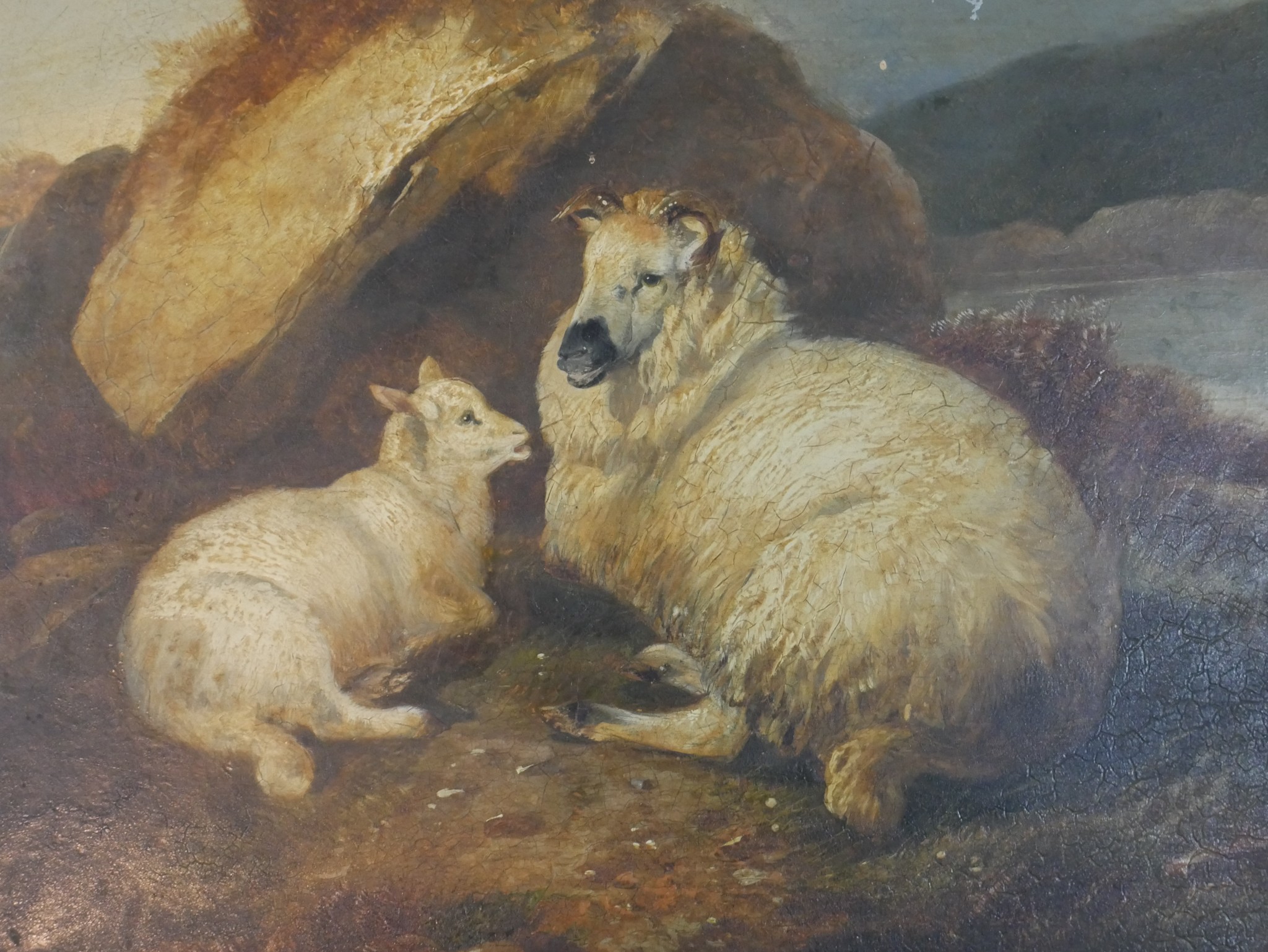 James Charles Morris, 19th Century, oil on board of a sheep with lamb by rocks, signed and inscribed - Image 4 of 6