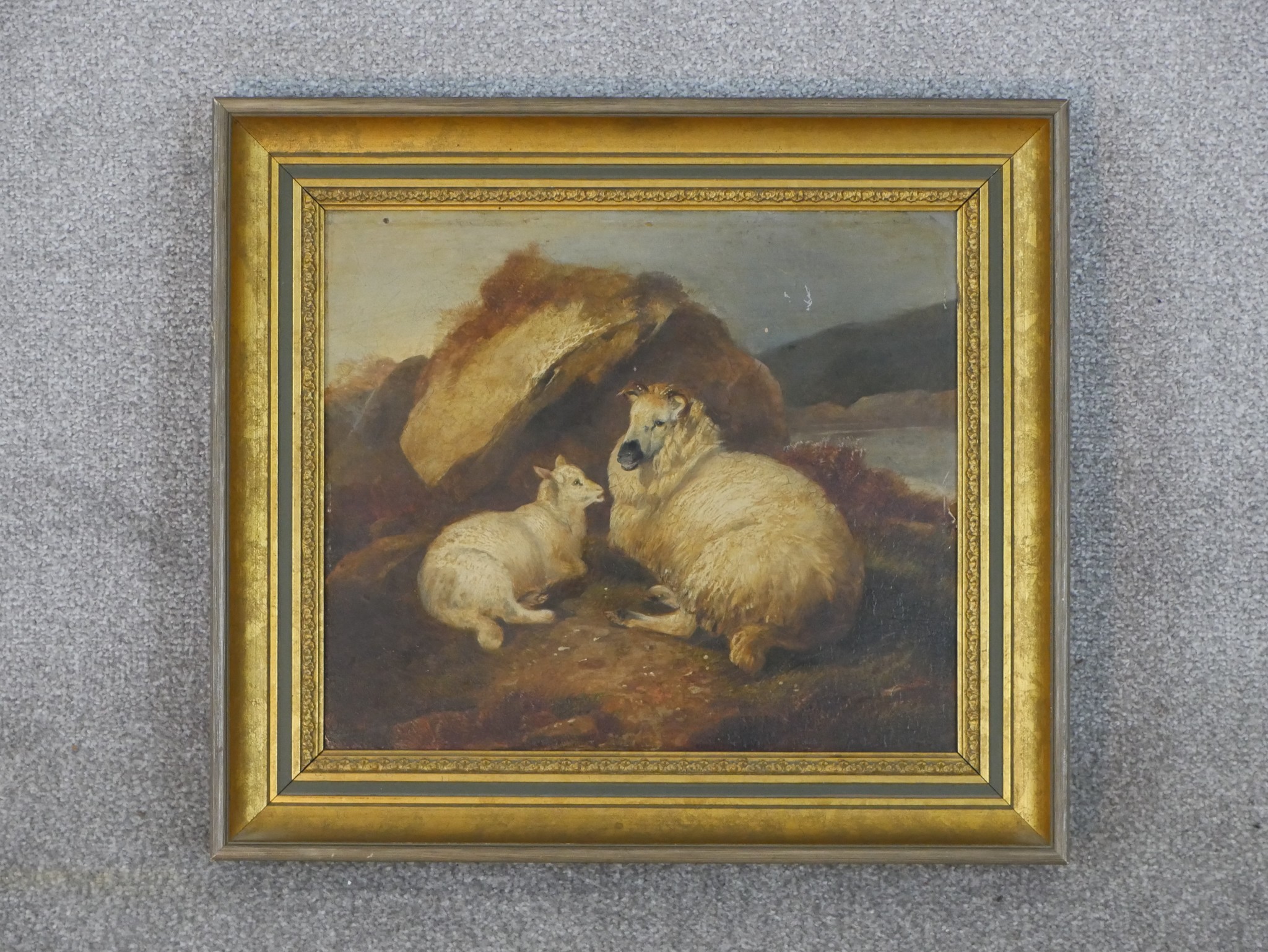 James Charles Morris, 19th Century, oil on board of a sheep with lamb by rocks, signed and inscribed - Image 2 of 6