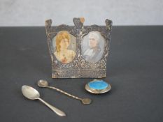 A pale blue cloisonne enamel and silver rogue pot, along with two silver tea spoons and a theatrical