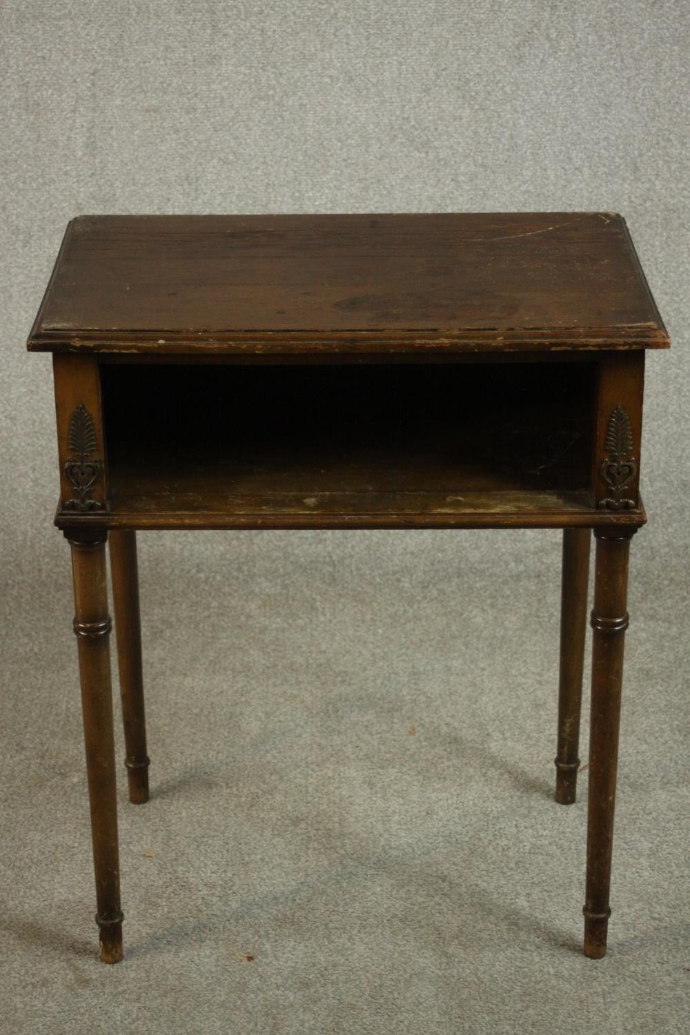 A side table, with a rectangular top over a recess, on turned legs. H.73 W.60 D.40cm.