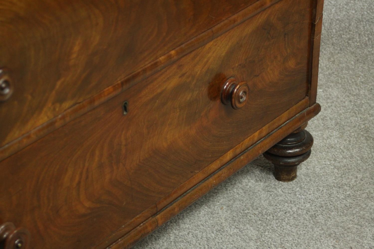 A 19th century flame mahogany chest of two short over three long drawers with knob handles, on - Image 6 of 8