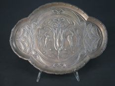 An Art Nouveau Edwardian silver dressing table tray, relief embossed heron decoration with