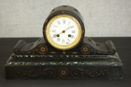 A late Victorian Napoleon hat slate marble mantel clock, with parcel gilt decoration, a cylinder