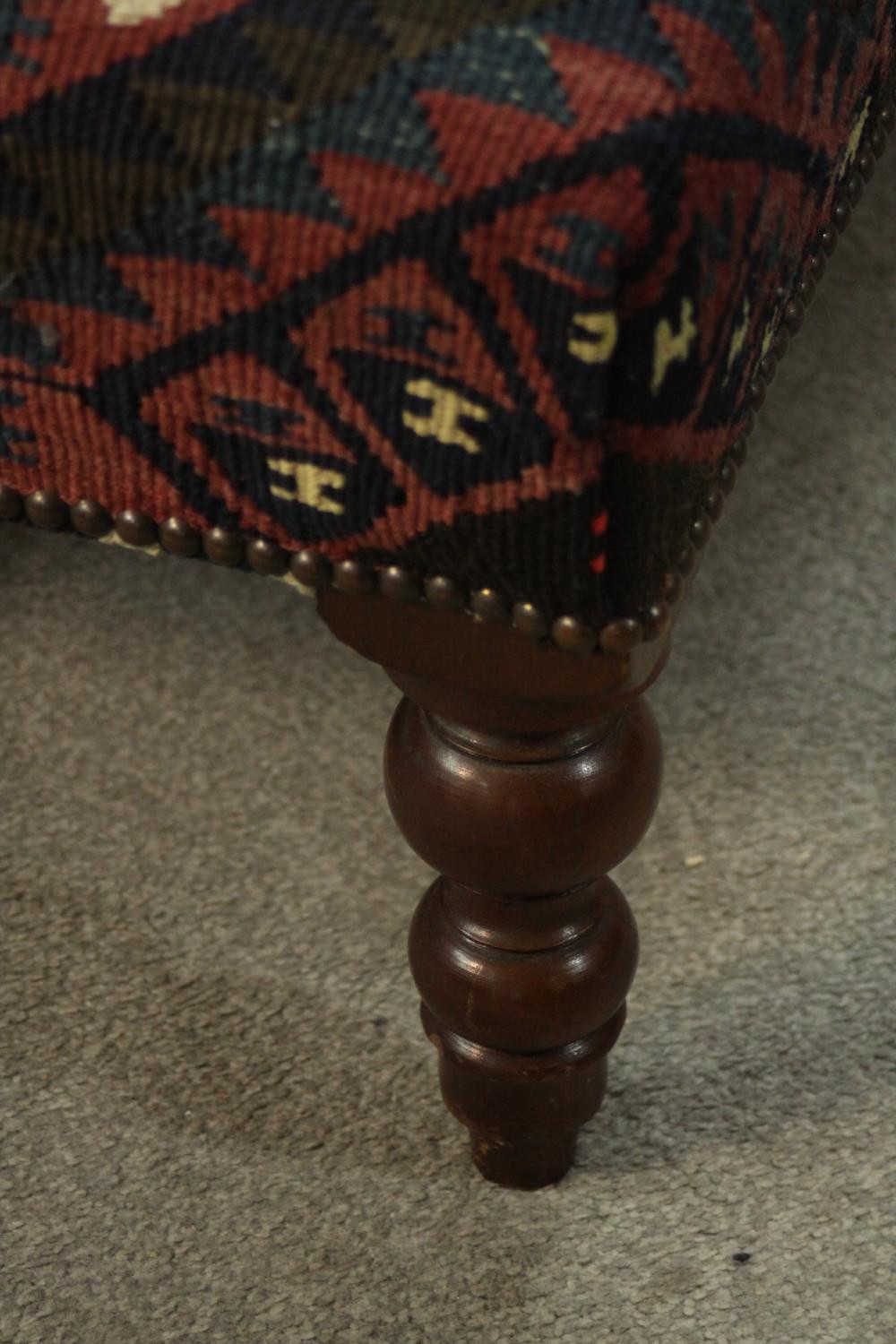 A contemporary footstool, of rectangular form upholstered in kilim fabric, on turned legs. H.33 W. - Image 5 of 6