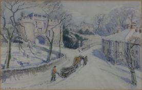 C. D. Pearson (20th century), watercolour of a snowy town scene with horse drawn sledge carrying