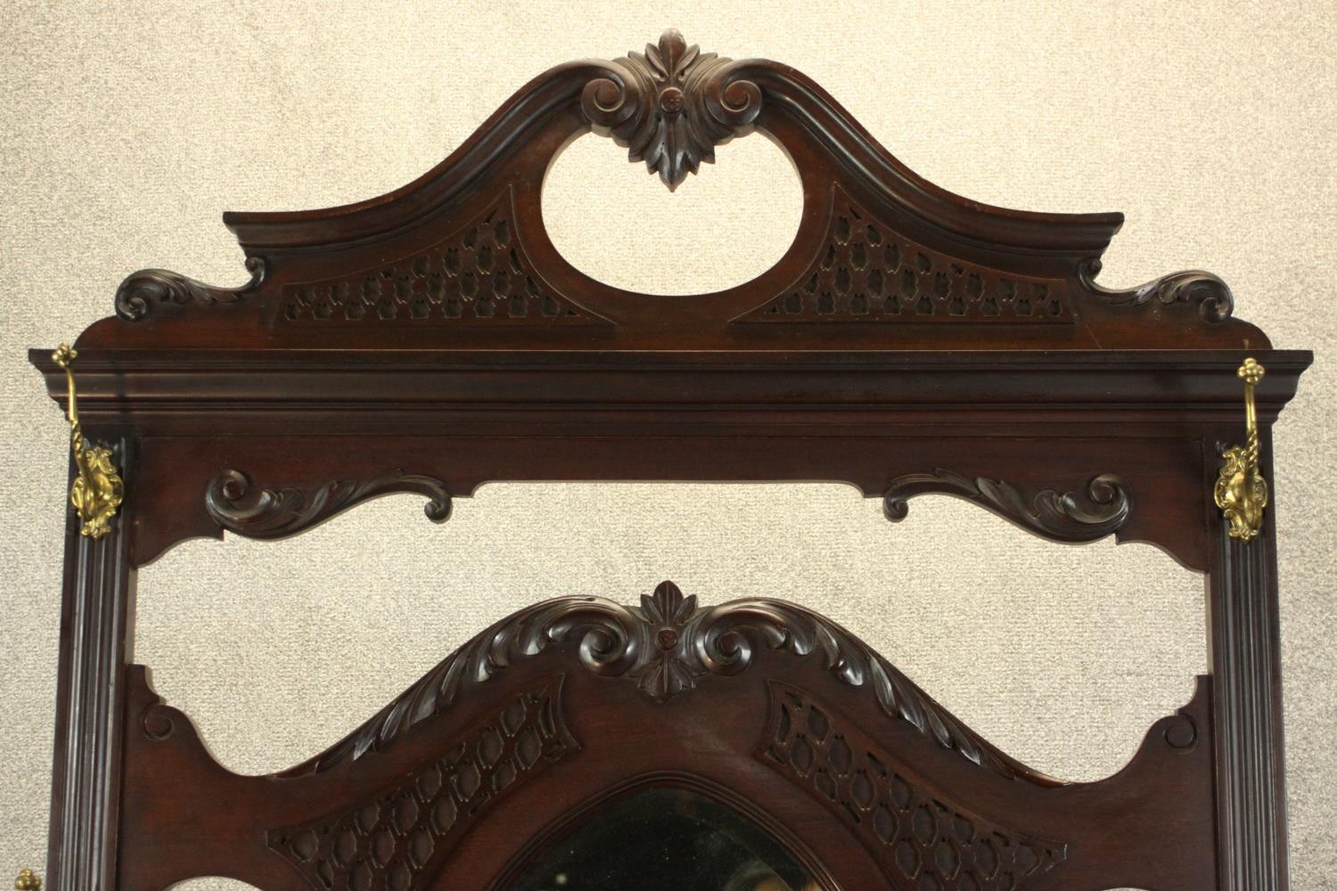 A late Victorian Chippendale style walnut hall stand, the scrolling pediment with blind fretwork - Image 7 of 11