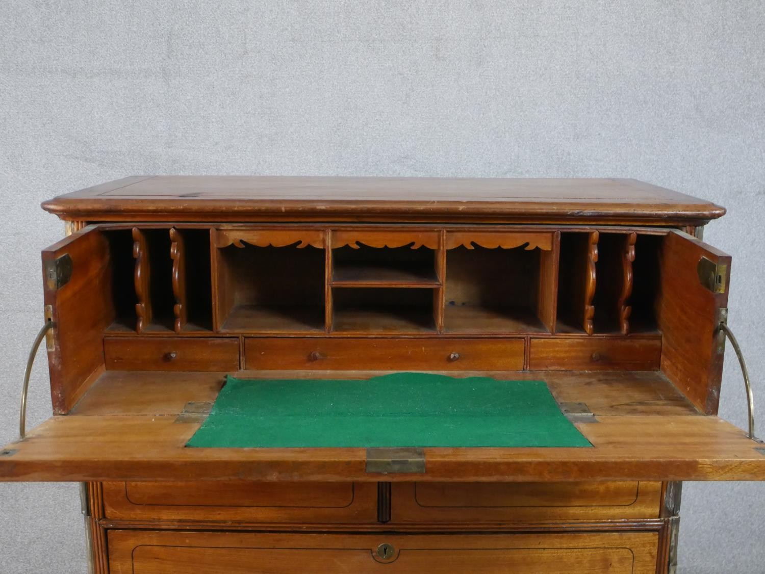 A 19th century camphorwood secretaire campaign chest, in two sections, with a secretaire drawer - Image 6 of 9