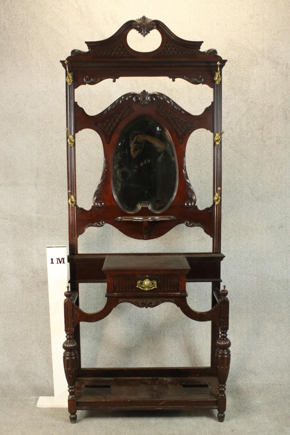 A late Victorian Chippendale style walnut hall stand, the scrolling pediment with blind fretwork - Image 2 of 11