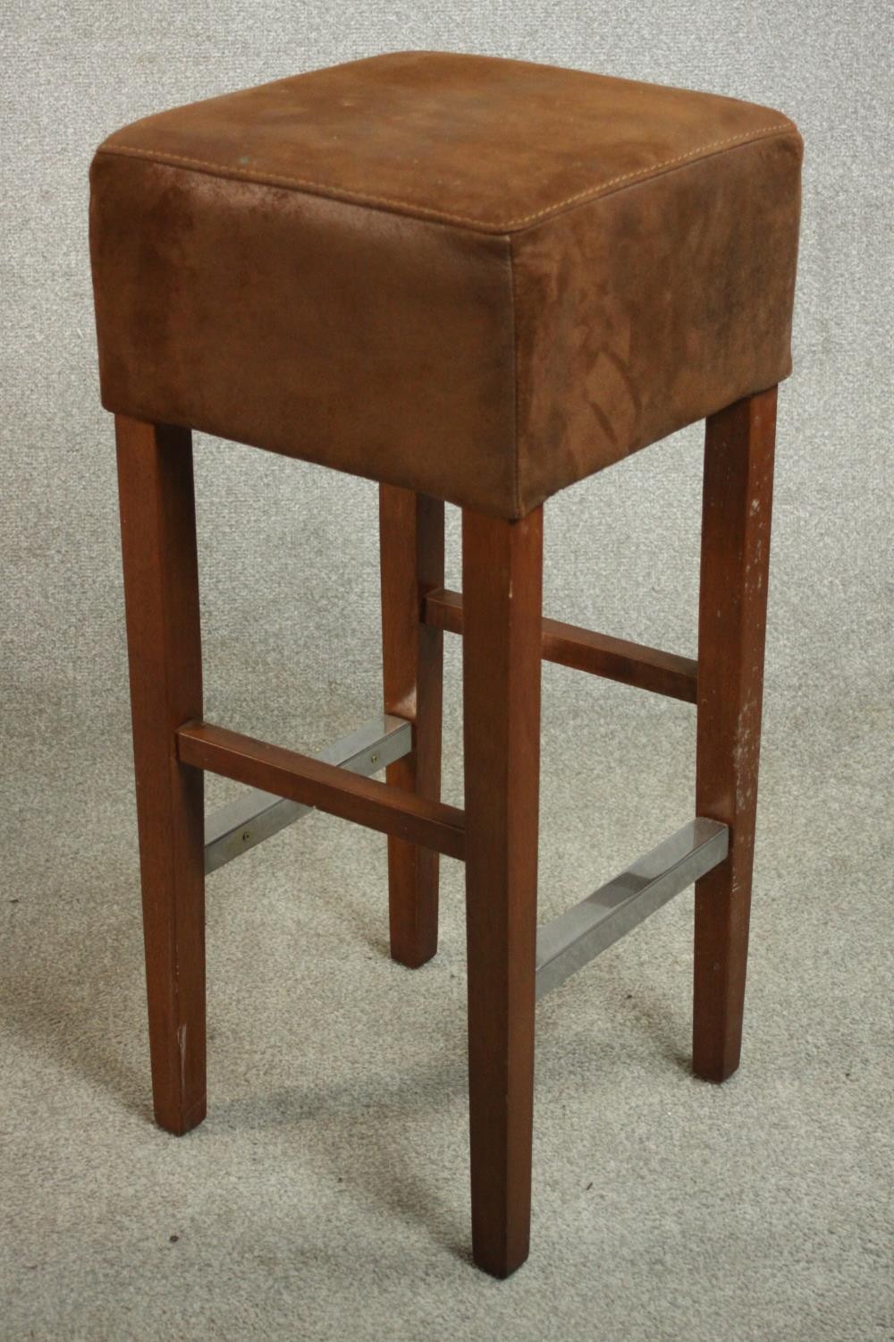 A set of three Andy Thornton contemporary bar stools, with brown suede upholstered seats, on - Image 4 of 8