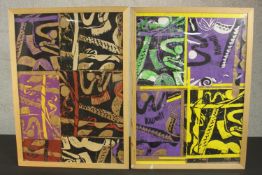 Two framed and glazed lino prints with various abstract patterns in bold colours, signed Hutchinson.