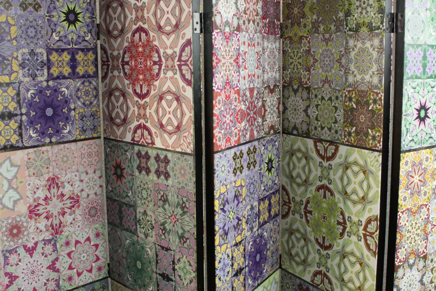 A contemporary five fold screen, each fold with four panels depicting a variety of tile designs in - Image 3 of 5