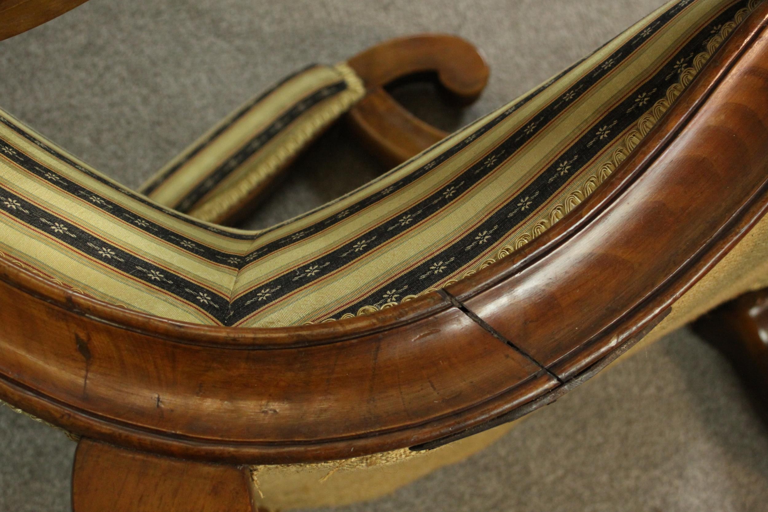 Two similar Victorian walnut slipper chairs, with striped upholstery, one with open arms, on - Image 21 of 21