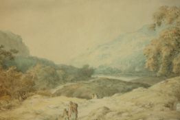 Julius Caesar Ibbetson (1759 - 1817), watercolour of countryside landscape with figures, named below