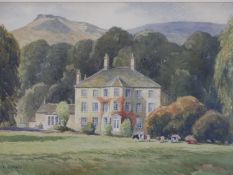 A framed and glazed watercolour of large country house and grounds, signed D. Binns. H.56 W.67cm