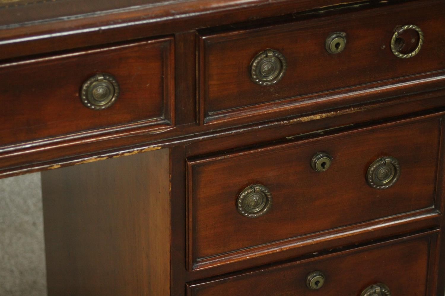 A small C.1900 mahogany pedestal desk, with a tooled green leather writing insert over an - Image 7 of 9