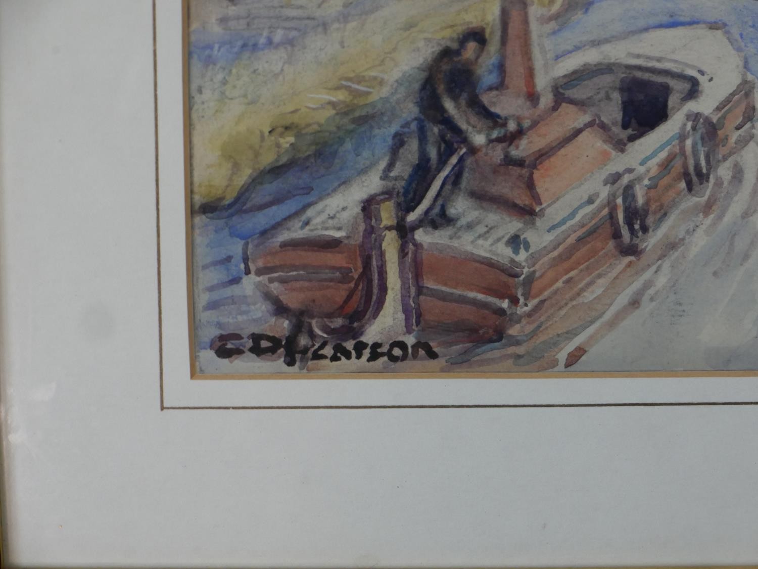 C. D. Pearson (20th century), watercolour on paper of riverside town with barges, signed. H.41 W. - Image 5 of 5