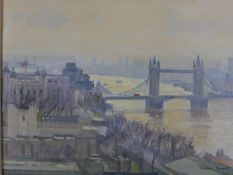 A gilt framed 20th century oil on canvas of the Thames and view of London, indistinctly signed. H.33