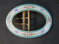 A large gilt brass Edwardian guilloche enamel belt buckle with rose and forget me knot design on a