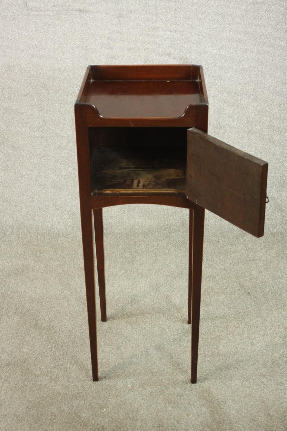 A 19th century mahogany night table, with a gallery top over a cupboard door, on slender tapering - Image 3 of 7