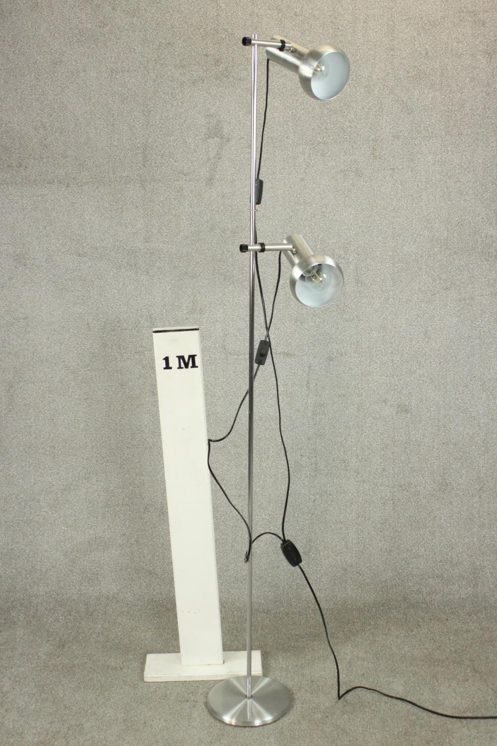 A brushed chrome adjustable twin spotlight floor standing lamps. H.170 Dia.24cm. - Image 2 of 6