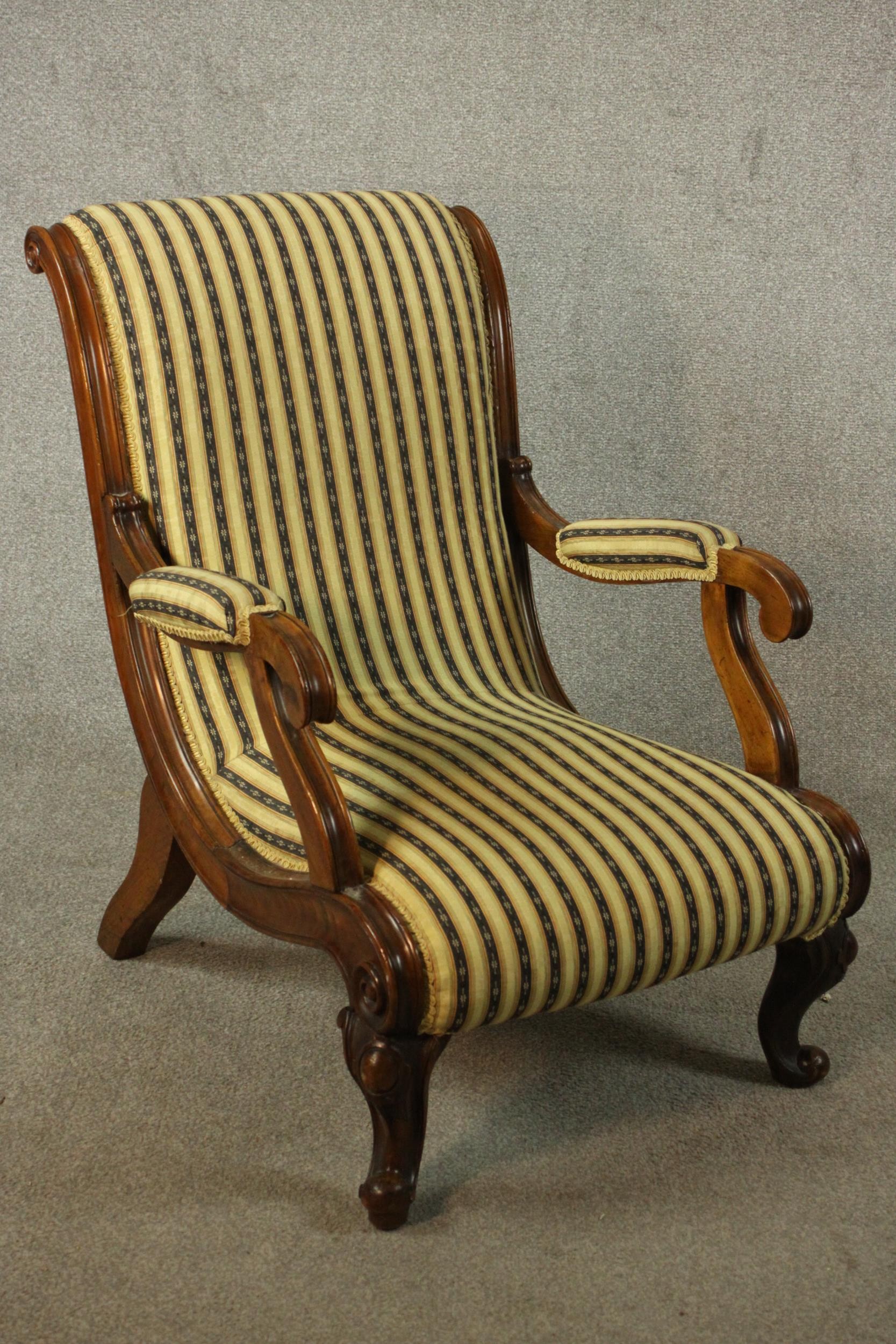 Two similar Victorian walnut slipper chairs, with striped upholstery, one with open arms, on - Image 4 of 21