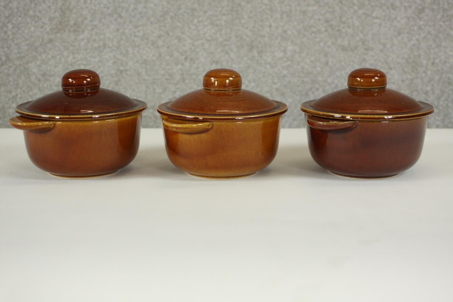 Three Wattisfield honey glaze animal head design soup bowls with lids. H.7 W.17 D.13cm. (each)