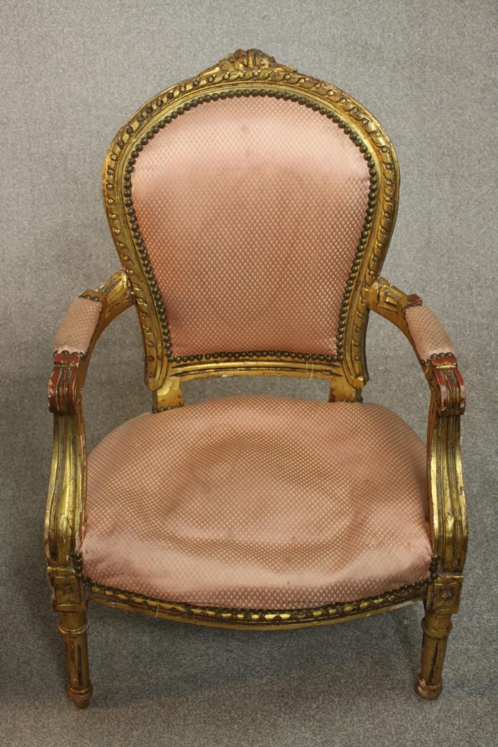 A pair of Louis XVI style giltwood fauteuil armchairs, upholstered in pink fabric to the back, - Image 7 of 12