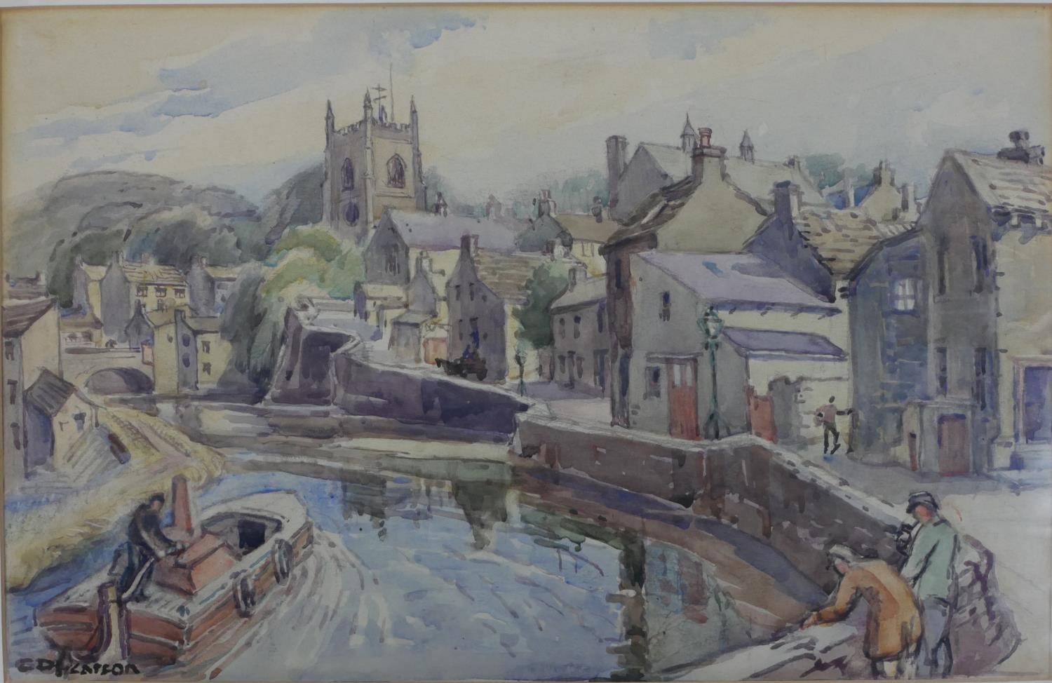 C. D. Pearson (20th century), watercolour on paper of riverside town with barges, signed. H.41 W.