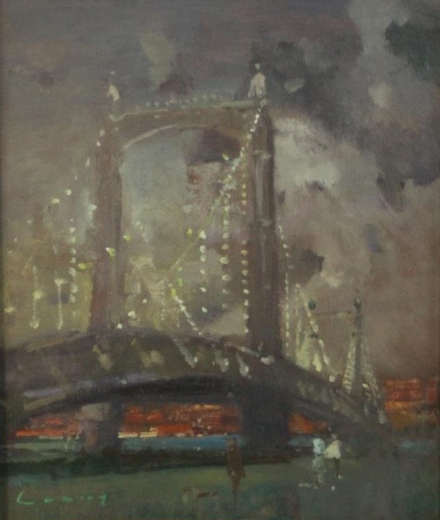 Fred Cuming RA (1930-2022), Albert Bridge December, oil on board, signed lower left, New Grafton