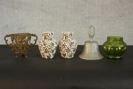 A pair of vintage gold and white cube covered ceramic vases along with a green Art Nouveau Loetz