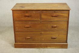 A late 19th century walnut chest of two short over two long drawers, on a plinth base (damaged) H.79