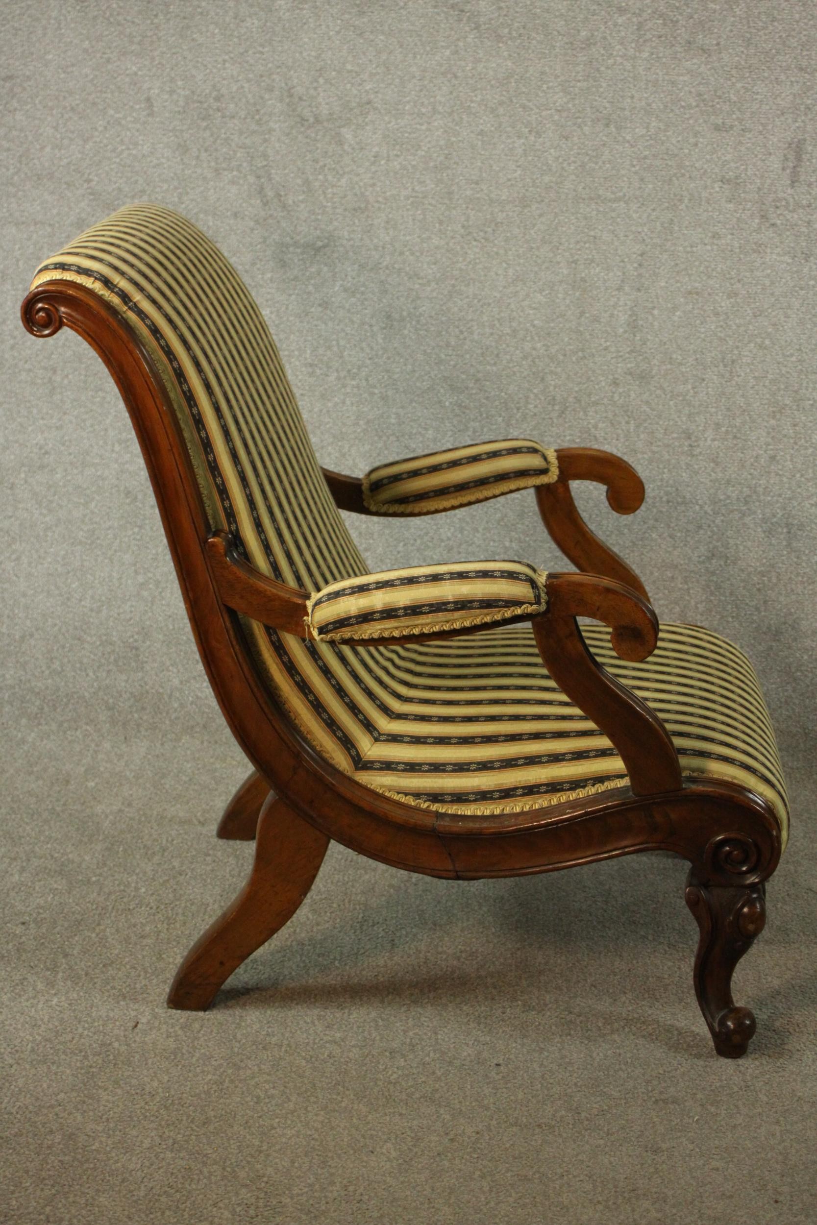Two similar Victorian walnut slipper chairs, with striped upholstery, one with open arms, on - Image 5 of 21