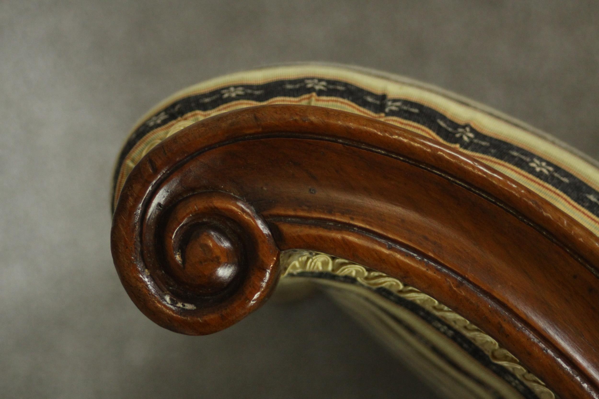 Two similar Victorian walnut slipper chairs, with striped upholstery, one with open arms, on - Image 20 of 21