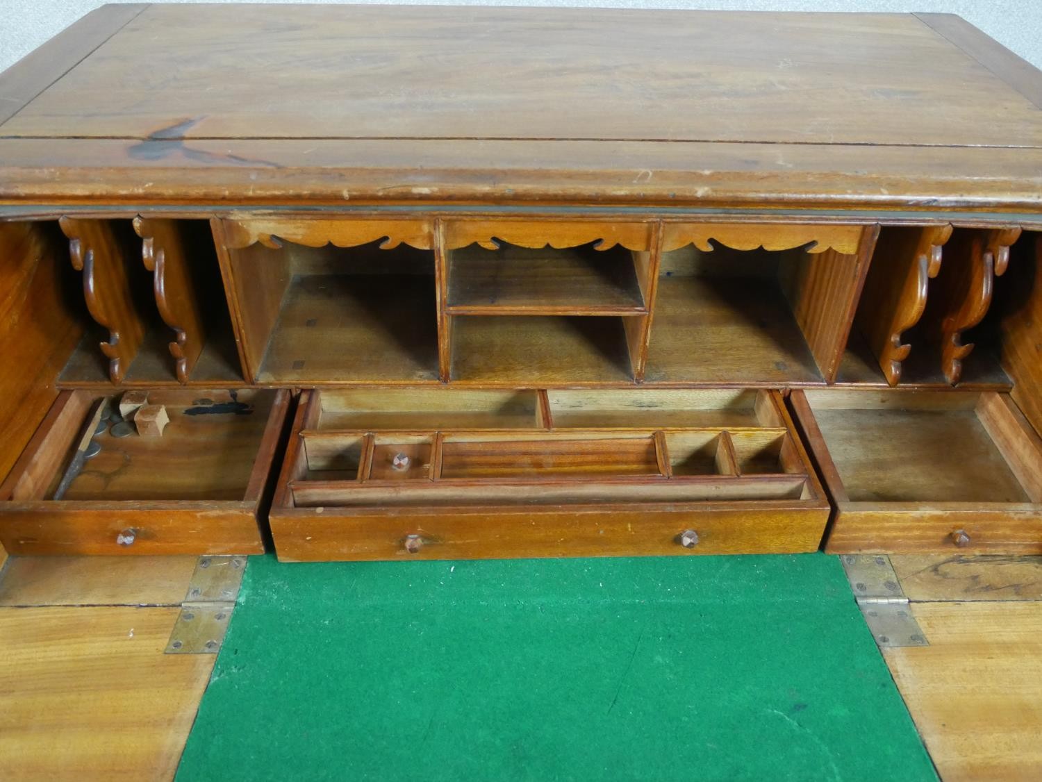 A 19th century camphorwood secretaire campaign chest, in two sections, with a secretaire drawer - Image 7 of 9