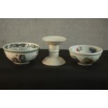 Two Pomana Portmerion Fruit pattern bowls and a Mason's cream glaze candle stick. H.20 Dia.19cm. (